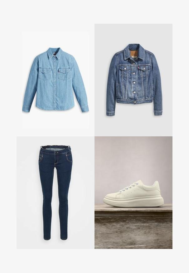 Denimjakke i mellemblå med klassisk krave, knaplukning foran, to brystlommer og guldfarvet hardware. Slidt teksturdetalje.; Lyseblå denimskjorte med lange ærmer, spidse krave, to brystlommer, knaplukning og subtil tekstur. Ingen synlige mønstre.; Mørkeblå denim jeans med slim fit, elastisk talje, forlommer og kontrasterende syninger. Glat overflade med minimal slid.; Hvid lædersneakers med rund tå, glat tekstur og kontrasterende snørebånd. Har ventilationshuller og en tyk gummisål for komfort.