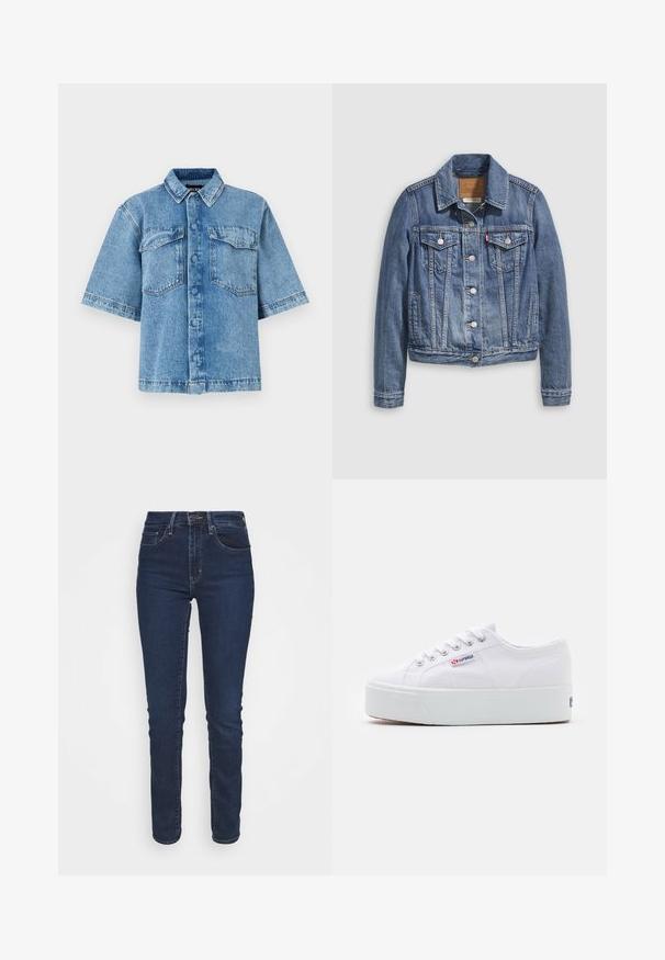 Keskmise sinise teksajakk klassikalise kraega, ees nööpidega, kahe rinnatasku ja kuldse tooniga riistvaraga. Kulunud tekstuuriga detail.; Heled särg helesinises denimis, millel on avar kaelus, kaks rinna taskut ja nööpidega sulgemine, lõdva lõikega ja nähtava õmblusega.; Tumedast sinine denimsärgid, kitsas lõige, keskmise kõrgusega vöökoht, esipocketid ja tõmblukk. Kanga pind on sile.; Valge kangast sneaker paksu valge platvormi tossul, ümmargune nina ja metallist augud nööride jaoks. Brändi logo on küljes.