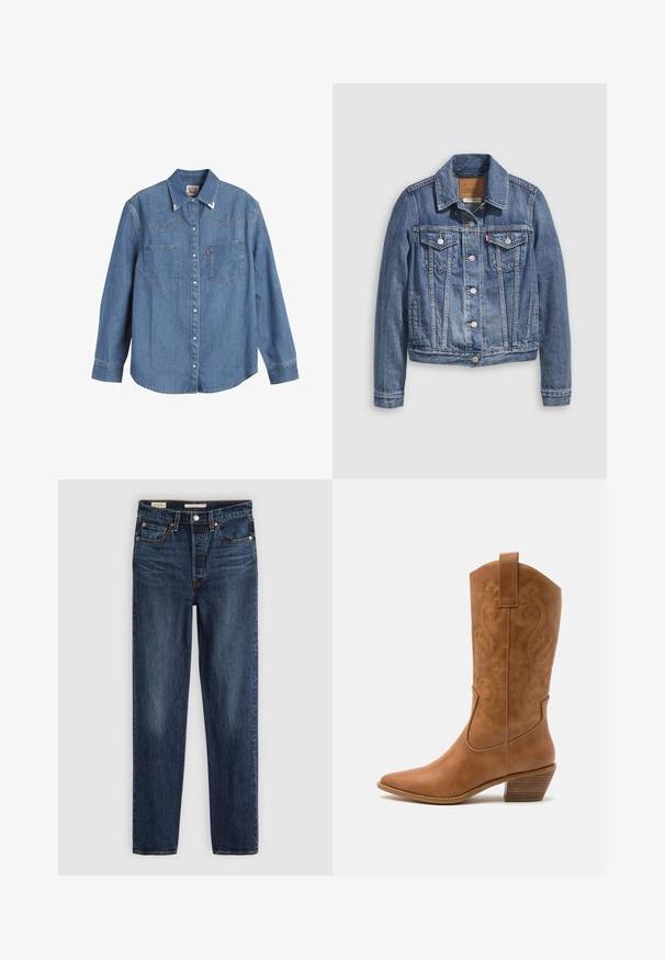Denimjakke i mellemblå med klassisk krave, knaplukning foran, to brystlommer og guldfarvet hardware. Slidt teksturdetalje.; Lys blå denimskjorte med lange ærmer, spids krave, to brystlommer og kontraststing. Har et western-inspireret yoke-design.; Mørkeblå lige ben jeans med fem lommer, knap- og lynlås lukning samt kontrastsyninger.; Tan læder cowboystøvle med spids tå, broderede svirvelmønstre på skaftet og en stablet blokhæl. Har en træksløjfe for nem af/på.
