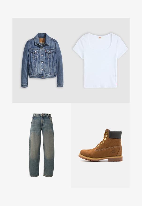 Jeansjacke in mittlerem Blau mit klassischem Kragen, Knopfleiste, zwei Brusttaschen und goldfarbenen Beschlägen. Mit Used-Effekt.; Weiße kurzärmelige Bluse mit quadratischem Ausschnitt, aus geripptem Stoff. Mit einem kleinen roten Logoschild auf der unteren linken Seite.; Helle blaue Denim-Jeans mit entspanntem Schnitt, hoher Taille und geradem Bein. Verfügt über ein Fünf-Taschen-Design und eine dezente, ausgewaschene Optik.; Braune Wildleder-Stiefelette mit schwarzem gepolstertem Kragen, goldenen Ösen, Schnürung an der Vorderseite und Gummisohle mit strukturiertem Muster.