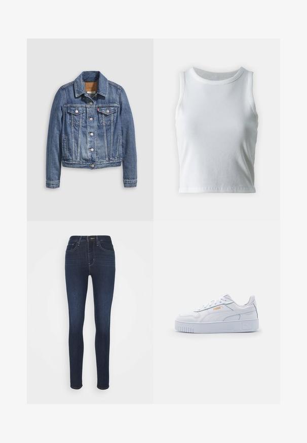 Jeansjacke in mittlerem Blau mit klassischem Kragen, Knopfleiste, zwei Brusttaschen und goldfarbenen Beschlägen. Mit Used-Effekt.; Weißes, geripptes Tanktop mit runder Ausschnittform und ärmellosem Design, ausgestattet mit einem geraden Saum und einer glatten, dehnbaren Textur.; Slim Fit Jeans aus dunkelblauem Denim, mit hoher Taille, dezentem Used-Look, klassischem Fünf-Taschen-Design und einem Reißverschluss mit Knopfverschluss.; Weiße Leder-Sneaker mit einer klobigen Sohle, die über eine glatte Textur, ein minimalistisches Design, Seitenstreifen und ein kleines Logo-Detail verfügen.