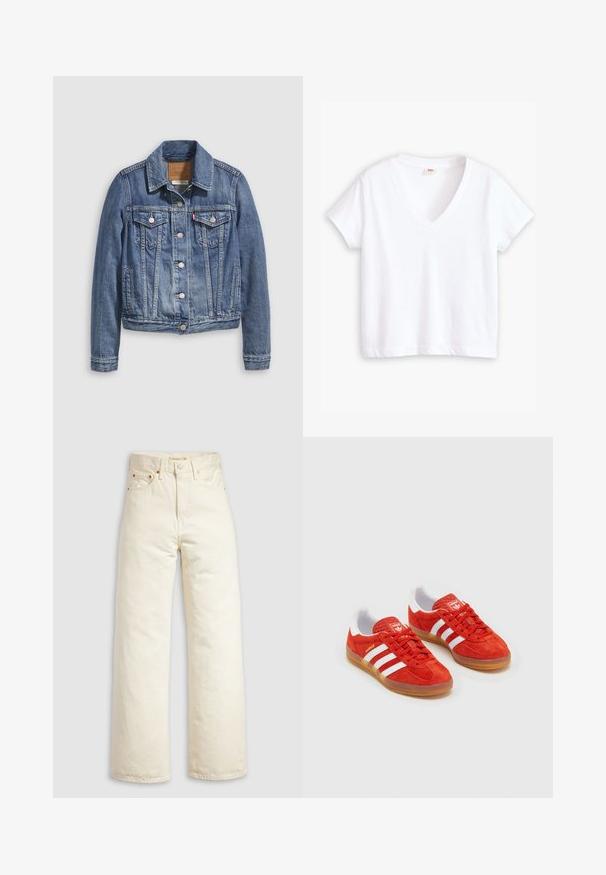 Veste en denim bleu moyen avec un col classique, fermeture à boutons, deux poches poitrine et des accessoires de couleur dorée. Détail de texture usée.; T-shirt en coton blanc avec un col en V, des manches courtes et un ourlet droit. Texture douce, design minimal, sans motifs ni accents.; Jean à jambes larges en denim écru, doté d'une taille haute, de rivets en cuivre et d'un design classique à cinq poches. Tissu texturé avec des ourlets nets.; Baskets en daim rouge avec rayures blanches, semelle en gomme, col rembourré et logo sur la languette. Design classique avec une tige texturée.