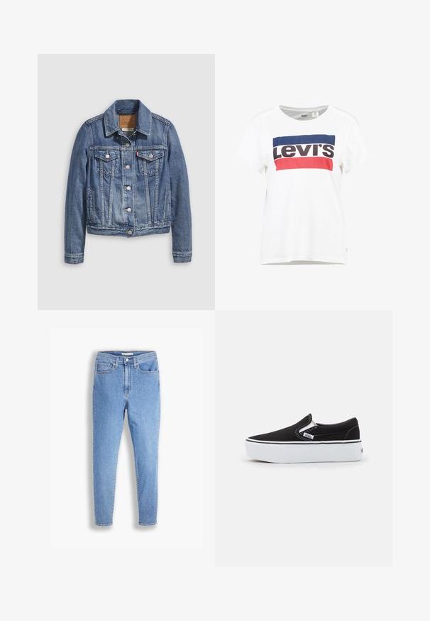 Veste en denim bleu moyen avec un col classique, fermeture à boutons, deux poches poitrine et des accessoires de couleur dorée. Détail de texture usée.; T-shirt en coton blanc à manches courtes et col rond, arborant un design central du logo Levi's en bleu, rouge et noir.; Jean slim taille haute bleu clair avec poches avant et arrière, fermeture à bouton et passes de ceinture sur un fond blanc.; Chaussure slip-on noire en toile avec une semelle en caoutchouc blanc, dotée d'accents élastiques sur les côtés et de coutures contrastées. Logo de la marque visible sur le côté.