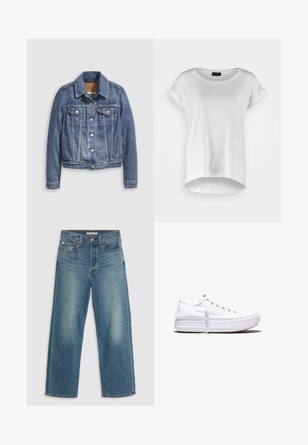 Jeansjacke in mittlerem Blau mit klassischem Kragen, Knopfleiste, zwei Brusttaschen und goldfarbenen Beschlägen. Mit Used-Effekt.; Weißes kurzärmliges T-Shirt mit rundem Ausschnitt, leicht längerem Saum hinten, weichem Baumwollstoff und aufgerollten Ärmeln. Keine sichtbaren Aufdrucke.; Hellblaue Denim-Jeans mit geradem Bein. Zu den Merkmalen gehören ein gestickter Bund, fünf Taschen und sichtbare Verfärbungen.; Weißer Canvas-Sneaker mit niedrigem Schnitt, dicker Plateau-Sohle, vorderer Schnürung und rauer Gummikappe an der Spitze, aus seitlicher Ansicht gezeigt.