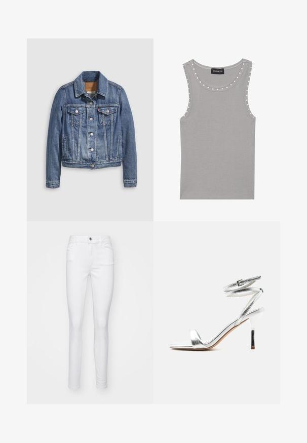 Jeansjacke in mittlerem Blau mit klassischem Kragen, Knopfleiste, zwei Brusttaschen und goldfarbenen Beschlägen. Mit Used-Effekt.; Graues ärmelloses Oberteil aus geripptem Stoff, mit einem runden Ausschnitt und weißen Punktakzenten entlang der Kanten. Sauberer Saumabschluss.; Weiße, schmale Jeans aus Jeansstoff, mit einem Vorderknopfverschluss, fünf Taschen und einer glatten Textur des Stoffes.; Silberne Sandale mit hohem Absatz und umlaufenden Riemen am Knöchel sowie dünnem Stiletto-Absatz, seitlich auf weißem Hintergrund gezeigt.