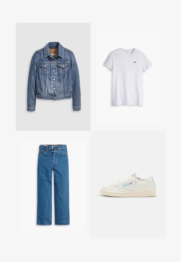 Denimjakke i mellemblå med klassisk krave, knaplukning foran, to brystlommer og guldfarvet hardware. Slidt teksturdetalje.; Hvid bomulds t-shirt med korte ærmer og rund halsudskæring. Har et lille rødt Levi's-logo på venstre brystområde.; Blå denim lige ben jeans med høj talje, fem lomme design og knaplukning. Markante syninger og kobberfarvede nitter.; Reebok sneakers i off-white læder med lyseblå detaljer. Har perforeret tå, flade snørebånd og tekstureret gummisål.