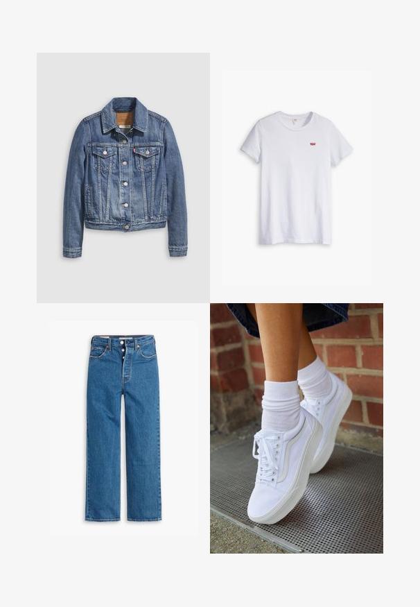Veste en denim bleu moyen avec un col classique, fermeture à boutons, deux poches poitrine et des accessoires de couleur dorée. Détail de texture usée.; T-shirt en coton blanc à manches courtes et col rond. Présente un petit logo rouge Levi's sur la partie gauche de la poitrine.; Jeans en denim bleu à jambe droite avec une taille haute, design à cinq poches et zip à bouton. Couture visible et rivets en ton cuivre.; Baskets en toile blanches avec semelles en caoutchouc, dotées de six œillets, d'un bout rond et de détails de couture légers, portées avec des chaussettes blanches mi-mollet.