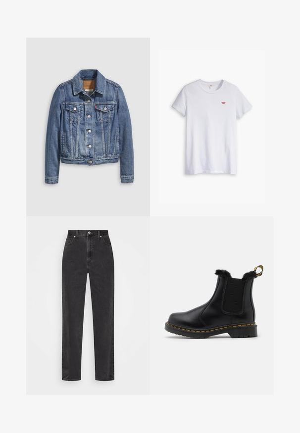 Denimjakke i mellemblå med klassisk krave, knaplukning foran, to brystlommer og guldfarvet hardware. Slidt teksturdetalje.; Hvid bomulds t-shirt med korte ærmer og rund halsudskæring. Har et lille rødt Levi's-logo på venstre brystområde.; Sorte denim jeans med lige ben, høj talje, foran knap og lynlås, samt fem-lomme stil på en hvid baggrund.; Sorte læder ankelstøvler med teksturerede elastiske sidepaneler, pelsbesætning øverst, gule sømme og en robust gummisål.