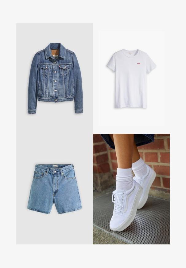 Denimjakke i mellemblå med klassisk krave, knaplukning foran, to brystlommer og guldfarvet hardware. Slidt teksturdetalje.; Hvid bomulds t-shirt med korte ærmer og rund halsudskæring. Har et lille rødt Levi's-logo på venstre brystområde.; Lyseblå cowboyshorts med forreste knap og lynlås, bæltestropper og fem-lommer design mod en ensfarvet baggrund.; Hvide lærreds sneakers med gummisåler, der har seks snørehuller, rund tå og let sømdetaljer, krydret med hvide ankelstrømper.