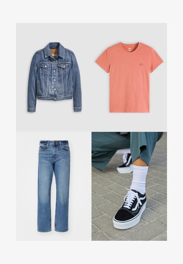 Denimjakke i mellemblå med klassisk krave, knaplukning foran, to brystlommer og guldfarvet hardware. Slidt teksturdetalje.; Solid koralfarvet t-shirt med korte ærmer og rund halsudskæring med lille rødt Levi's-logo på venstre bryst.; Lys blå lige ben jeans lavet af denim. Har fem lommer, en klassisk knaplukning og subtil fading gennem stoffet.; Sorte ruskinds sneakers med hvide accenter og snørebånd, der har en tyk hvid sål og kontrasterende syninger, parret med en hvid sok.