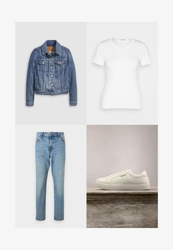 Denimjakke i mellemblå med klassisk krave, knaplukning foran, to brystlommer og guldfarvet hardware. Slidt teksturdetalje.; Hvid bomulds T-shirt med korte ærmer, rund halsudskæring og ribbet tekstur. Tætsiddende design med en glat, ren finish.; Lyseblå højtaljede jeans med rette ben, forsideknap og lynlåslukning, forlommer og subtile falmede detaljer.; Hvide lædersneakers med snørebånd svævende over en træbænk, grøn høj græs sløret i baggrunden udendørs.