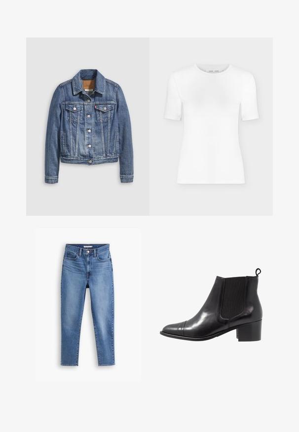Veste en denim bleu moyen avec un col classique, fermeture à boutons, deux poches poitrine et des accessoires de couleur dorée. Détail de texture usée.; T-shirt blanc à manches courtes avec col rond, coupe slim et texture de tissu côtelé, présenté sur un fond uni gris clair.; Jeans pour femmes taille haute bleus avec fermeture à bouton et à zip à l'avant, passants de ceinture et design à cinq poches, posés sur un fond blanc.; Botte de cheville en cuir noir avec des panneaux élastiques sur les côtés, bout rond et talon en bloc texturé. Dispose d'une languette en boucle à l'arrière pour un enfilage facile.