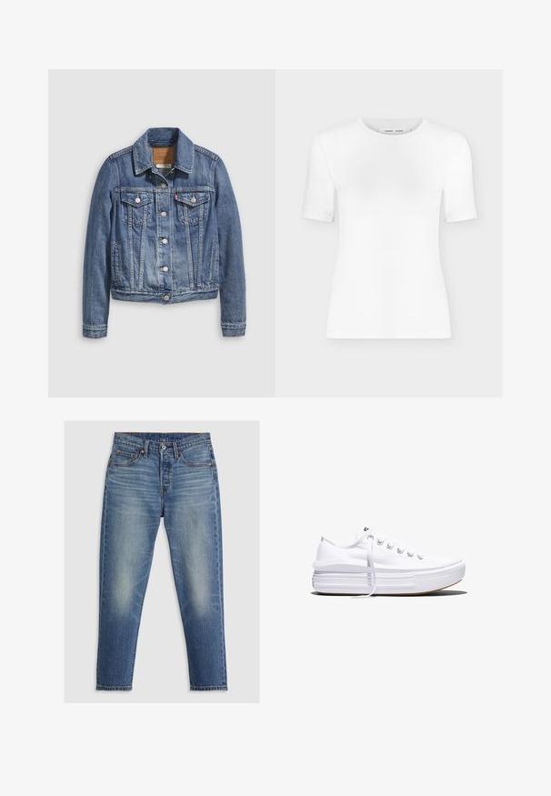 Denimjakke i mellemblå med klassisk krave, knaplukning foran, to brystlommer og guldfarvet hardware. Slidt teksturdetalje.; Hvid T-shirt med rund hals, korte ærmer, slank pasform og ribbet stofstruktur, vist på en ensfarvet lys grå baggrund.; Lyseblå denim jeans med lige pasform, fem lommer, knaplukning og diskret falming på lårene. Kontraststing er synlige.; Hvid lavt snørestøvle med tyk plateau-sål, snørelukning foran og gummiforstærket tåkap, set i sideprofil.