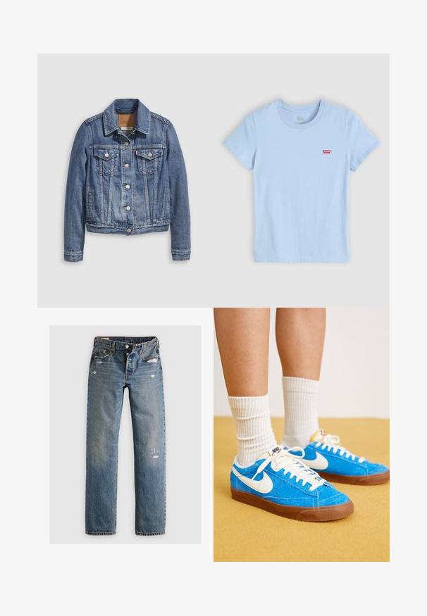 Jeansjacke in mittlerem Blau mit klassischem Kragen, Knopfleiste, zwei Brusttaschen und goldfarbenen Beschlägen. Mit Used-Effekt.; Hellblaue Baumwoll-T-Shirt mit Rundhalsausschnitt und kurzen Ärmeln. Verfügt über ein kleines rotes Levi's Logo-Tag auf der linken Brust.; Blaue Denim-Jeans im geraden Schnitt, mit Rissen und ausgebleichten Bereichen. Der Stoff hat eine strukturierte Oberfläche und genähte Nähte.; Blaue Wildleder-Nike-Sneaker mit weißen Akzenten, flachen Schnürsenkeln und braunen Gummisohlen, kombiniert mit gerippten weißen Socken.