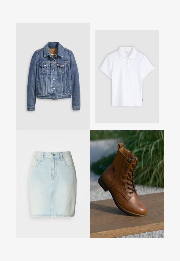 Jeansjacke in mittlerem Blau mit klassischem Kragen, Knopfleiste, zwei Brusttaschen und goldfarbenen Beschlägen. Mit Used-Effekt.; Weißes kurzärmliges, geripptes Poloshirt mit Kragen und vier Knöpfen, flach auf einem hellgrauen Hintergrund liegend.; Jeansrock in Hellblau mit geradem Schnitt, versehen mit Fronttaschen, Gürtelschlaufen und einem klassischen Knopfverschluss an der Taille.; Brauner Leder-Stiefelette mit seitlichem Reißverschluss und Schnürsenkeln, auf einer Holzoberfläche im Freien platziert, mit unscharfem Grün im Hintergrund.