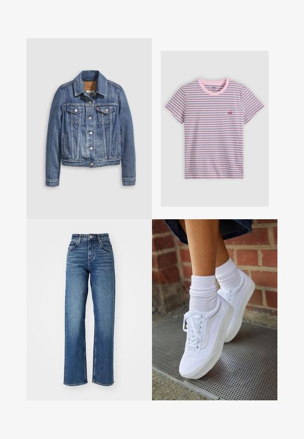 Veste en denim bleu moyen avec un col classique, fermeture à boutons, deux poches poitrine et des accessoires de couleur dorée. Détail de texture usée.; T-shirt à manches courtes et col rond avec fines rayures horizontales blanches, roses, noires et bleues, avec un petit logo rouge Levi's sur la poitrine.; Jeans taille haute, à jambe large en denim bleu. Comprend cinq poches, une fermeture à bouton et un dégradé subtil sur le tissu.; Baskets en toile blanches avec semelles en caoutchouc, dotées de six œillets, d'un bout rond et de détails de couture légers, portées avec des chaussettes blanches mi-mollet.