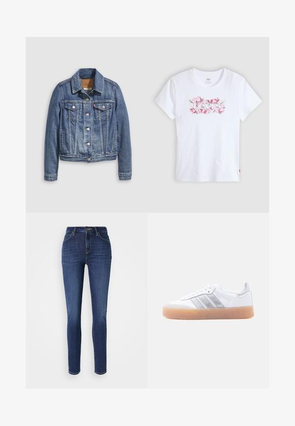Keskmise sinise teksajakk klassikalise kraega, ees nööpidega, kahe rinnatasku ja kuldse tooniga riistvaraga. Kulunud tekstuuriga detail.; Valge puuvillane T-särk, millel on roosakas lilleline "Levi's" logo, lühikeste varrukatega ja ümar kaelus. Sile tekstuur, lihtne kuju.; Kitsad võrdlemised tumedas sinises denimis, millel on kerge hääbumine. Omab viit taskut, vöökohasid ja esist nööbikinnitust. Tavaline sirge jalgade disain.; Valge madala lõikega toss, kummist tallaga, hõbedaste triipudega külgedel ja paeltega kinnitatav, esitatud tavalise hele tausta ees.