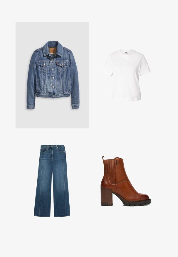 Denimjakke i mellemblå med klassisk krave, knaplukning foran, to brystlommer og guldfarvet hardware. Slidt teksturdetalje.; Ensfarvet hvid T-shirt med korte ærmer og rund hals, almindelig pasform og synligt mærke inde i kraven på en hvid baggrund.; Bredde ben jeans i mørkeblå denim med kontrasterende hvid sying, fem-lomme design og en knaplukning i taljen.; Brun læderankelstøvle med chunky stablet hæl, rillede sorte såler, lodret syning og en træksnor bagpå.