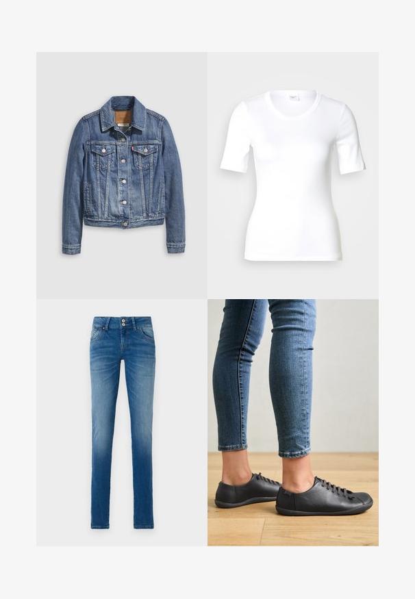 Denimjakke i mellemblå med klassisk krave, knaplukning foran, to brystlommer og guldfarvet hardware. Slidt teksturdetalje.; Hvid T-shirt med korte ærmer lavet af glat bomuld, med rund halsudskæring og en tætsiddende pasform. Klassisk design uden mønstre eller detaljer.; Blå denim jeans med en falmet vask, der har et klassisk fem-lomme design, knaplukning og lige pasform.; Sorte lædersko med rund tå, lav profil og snørebåndsdesign. Kombineret med blå, tætsiddende jeans og en baggrund af trægulv.