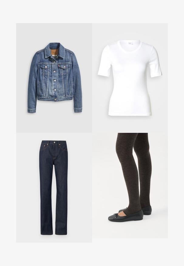 Veste en denim bleu moyen avec un col classique, fermeture à boutons, deux poches poitrine et des accessoires de couleur dorée. Détail de texture usée.; T-shirt blanc à manches courtes en coton lisse, doté d'un col rond et d'une coupe ajustée. Design classique, sans motifs ni accents.; Jeans en denim bleu marine avec une coupe droite, ornés de coutures orange, de cinq poches et d'un bouton de fermeture à la taille.; Jambes portant des leggings côtelés foncés associés à des ballerines noires avec de petits détails en nœud sur fond blanc.