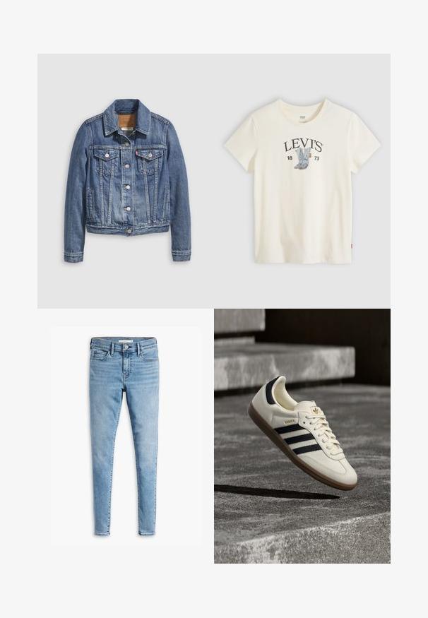 Keskmise sinise teksajakk klassikalise kraega, ees nööpidega, kahe rinnatasku ja kuldse tooniga riistvaraga. Kulunud tekstuuriga detail.; Valge lühikeste varrukatega Levi's T-särk siniste kauboisaabaste ja "LEVI'S 1873" trükiga rinnal.; Heledad sinine superkitšede teksapüksid, millel on esiklahendus ja tõmblukk, vöödetailid ja viie tasku disain.; Valge Adidas Samba toss mustade triipude ja kummist tallaga, hõljuv tekstuurse halli betoonastme kohal.