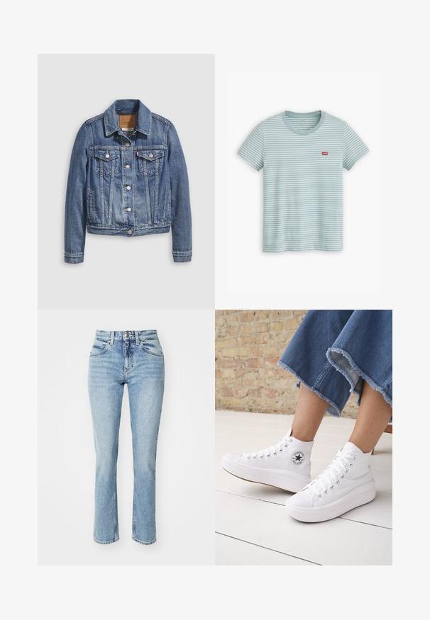 Veste en denim bleu moyen avec un col classique, fermeture à boutons, deux poches poitrine et des accessoires de couleur dorée. Détail de texture usée.; T-shirt bleu clair à rayures en coton, avec des manches courtes et un col rond. Un petit logo rouge de Levi’s est positionné sur la poitrine.; Jean en denim bleu clair taille haute, coupe droite, avec un léger délavage. Présente un style classique à cinq poches et une fermeture à bouton.; Personne portant des baskets Converse blanches montantes avec des semelles épaisses et un jean bleu court à ourlet effiloché, contre un mur en briques et un sol blanc.