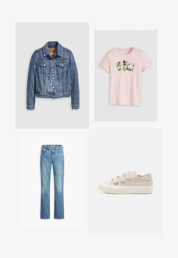 Spijkerjack in mediumblauw met een klassieke kraag, knopen aan de voorkant, twee borstzakken en goudkleurige accenten. Verweerde textuurdetails.; Lichtroze katoenen T-shirt met een bloemmotief en de witte tekst "Levi's" op de borst, en een ronde halslijn. Korte mouwen.; Lichtblauwe denim jeans met een recht gesneden ontwerp, knoopsluiting, vijf zakken en vervaagde gebieden voor een versleten uitstraling. Schoon afgewerkte zoom.; Beige canvas sneakers met drie verstelbare klittenbandsluitingen, een gestructureerde witte rubberen zool en een rafelrand detail.