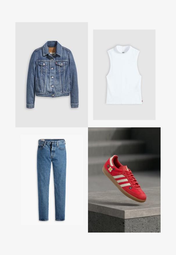 Denimjakke i mellemblå med klassisk krave, knaplukning foran, to brystlommer og guldfarvet hardware. Slidt teksturdetalje.; Hvid ærmeløs bomulds top med høj rund hals og lille Levi's mærkat i siden, vist på en lys grå baggrund.; Lysblå denimjeans med lige pasform, fem lommer og standard knaplukning. Har orange søm og en let falmet tekstur.; Rød sportssko med hvide striber, blomsterbroderi og gummisål. Glat stof med ruskindsdetaljer. Model: Samba.