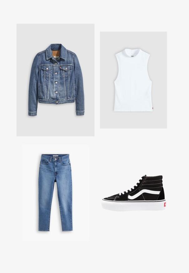 Spijkerjack in mediumblauw met een klassieke kraag, knopen aan de voorkant, twee borstzakken en goudkleurige accenten. Verweerde textuurdetails.; Wit mouwloos katoenen top met hoge ronde hals en klein Levi's-label aan de zijkant, weergegeven tegen een lichtgrijze achtergrond.; Blauwe hoge taille damesjeans met een sluiting met een knop en rits aan de voorkant, riemlussen en een vijf-pocket ontwerp, plat op een witte achtergrond.; Zwarte high-top sneakers met witte veters, een wit logo en contrasterende witte stiksels. Heeft een dikke witte zool en een bovenwerk van gestructureerd suede.