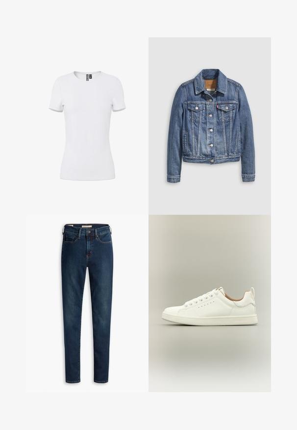 Veste en denim bleu moyen avec un col classique, fermeture à boutons, deux poches poitrine et des accessoires de couleur dorée. Détail de texture usée.; T-shirt blanc ajusté à manches courtes avec col rond et étiquette intérieure visible au niveau du col, présenté sur un fond uni.; Jean en denim bleu marine avec une coupe ajustée, un design standard à cinq poches et une fermeture à bouton classique avec passants de ceinture.; Baskets blanches basses avec lacets, détails perforés sur les côtés et languette au talon, sur fond neutre.