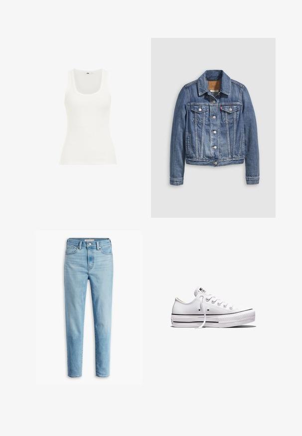 Veste en denim bleu moyen avec un col classique, fermeture à boutons, deux poches poitrine et des accessoires de couleur dorée. Détail de texture usée.; Débardeur blanc côtelé avec un décolleté ras du cou et des bretelles larges. Le tissu semble extensible et ajusté, adapté pour le superposition ou une tenue décontractée.; Jean en denim taille haute bleu clair avec poches avant, passants de ceinture, fermeture par bouton et jambes fuselées sur fond blanc.; Baskets basses en toile blanche avec lacets blancs, semelle en caoutchouc, détails à rayures noires, et écusson logo sur la languette et le talon.