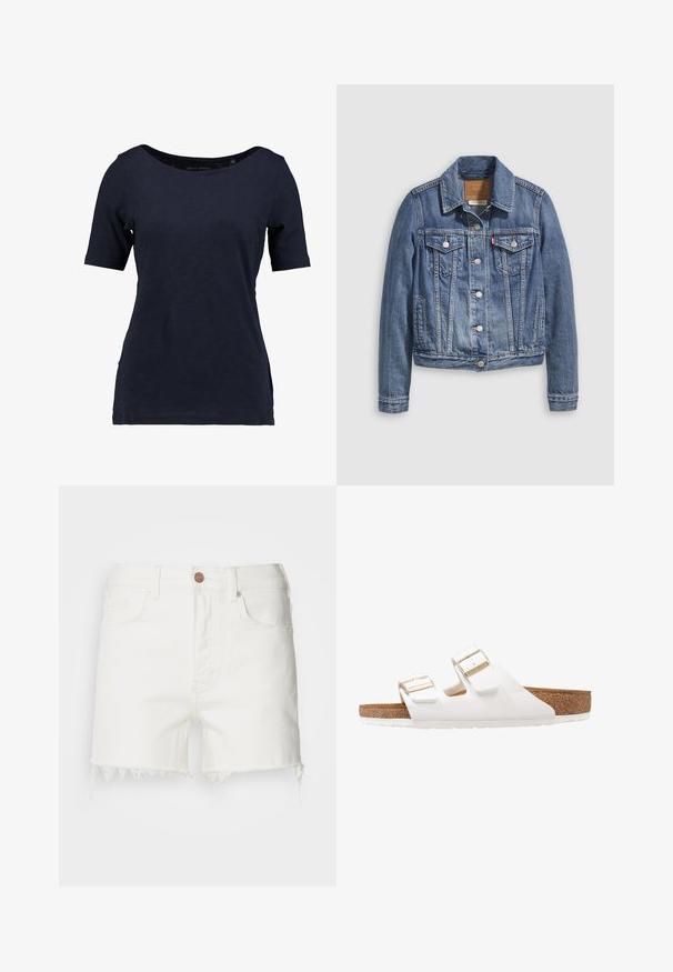 Denimjakke i mellemblå med klassisk krave, knaplukning foran, to brystlommer og guldfarvet hardware. Slidt teksturdetalje.; Mørkeblå kortærmet t-shirt lavet af bomuld. Har en rund halsudskæring og en afslappet pasform med sideudskæringer for bedre bevægelsesfrihed.; Hvide denimshorts med en frynset kant, fem lommer og en brun knaplukning. Glat tekstur, mellemhøj talje, casual pasform.; Hvite gummisandaler med to justerbare stropper, gyldne spænder og en brun korksål. Teksturområde for grep, minimalistisk design.