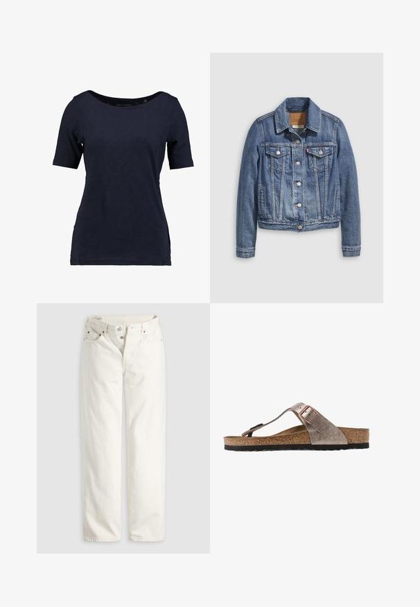 Jeansjacke in mittlerem Blau mit klassischem Kragen, Knopfleiste, zwei Brusttaschen und goldfarbenen Beschlägen. Mit Used-Effekt.; Kragenloses T-Shirt aus Baumwolle in Marineblau mit kurzen Ärmeln. Es verfügt über einen U-Boot-Ausschnitt und einen lockeren Schnitt mit seitlichen Schlitzen für mehr Bewegungsfreiheit.; Weiße, hoch taillierte Jeans mit geradem Bein, Knopfleiste, Vorder- und Gesäßtaschen sowie sichtbaren Kupfernieten an den Taschenecken.; Braunes Leder-Flip-Flop-Sandal mit strukturiertem Obermaterial, verstellbarem Riemen mit einer metallischen Schnalle und einem gepolsterten Korkfußbett. Schwarze Laufsohle.