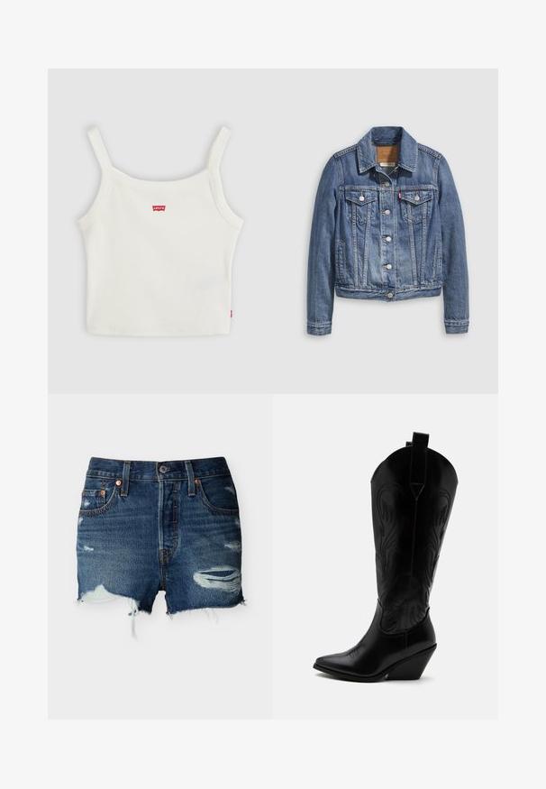 Veste en denim bleu moyen avec un col classique, fermeture à boutons, deux poches poitrine et des accessoires de couleur dorée. Détail de texture usée.; Crop top blanc côtelé avec fines bretelles et petit logo Levi's rouge au centre devant et sur la couture latérale.; Shorts en denim bleu avec déchirures usées, ourlet effiloché, poches avant, passants pour ceinture et fermeture par bouton sur un fond uni.; Botte de cowboy en cuir noir avec bout pointu, talon bloc incliné, couture décorative et languettes en haut sur fond blanc.