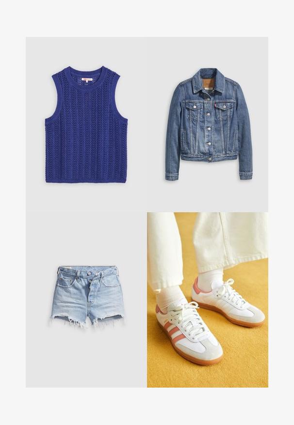 Jeansjacke in mittlerem Blau mit klassischem Kragen, Knopfleiste, zwei Brusttaschen und goldfarbenen Beschlägen. Mit Used-Effekt.; Gestricktes ärmelloses Top in lebhaftem Lila, mit einem strukturierten Muster, rundem Ausschnitt und gerippten Kanten.; Hellblaue Jeans-Cut-off-Shorts mit ausgefransten Säumen, fünf Taschen und einem Knopfverschluss. Die Textur ist weich mit einem leicht abgenutzten Aussehen.; Weiße Sportschuhe mit pinken Akzenten, aus Wildleder und Leder, runde Zehenform und Gummisohle, dargestellt mit hellen Socken vor einem gelben Hintergrund.