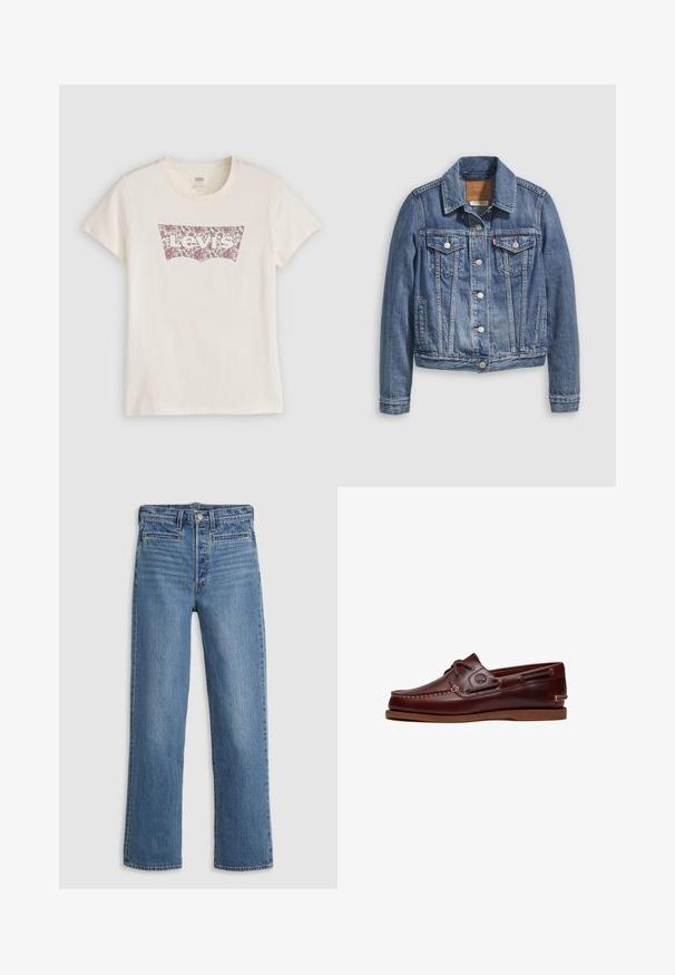 Veste en denim bleu moyen avec un col classique, fermeture à boutons, deux poches poitrine et des accessoires de couleur dorée. Détail de texture usée.; T-shirt Levi's couleur crème avec un logo à motif floral en violet et blanc sur la poitrine, manches courtes et col rond.; Jeans droit bleu clair en denim. Comprend une fermeture à bouton, cinq poches et un léger délavage. Pas d'ornements ni de motifs.; Chaussure bateau en cuir marron avec lacets, détails de couture et logo Timberland sur le côté, présentée sur un fond blanc.