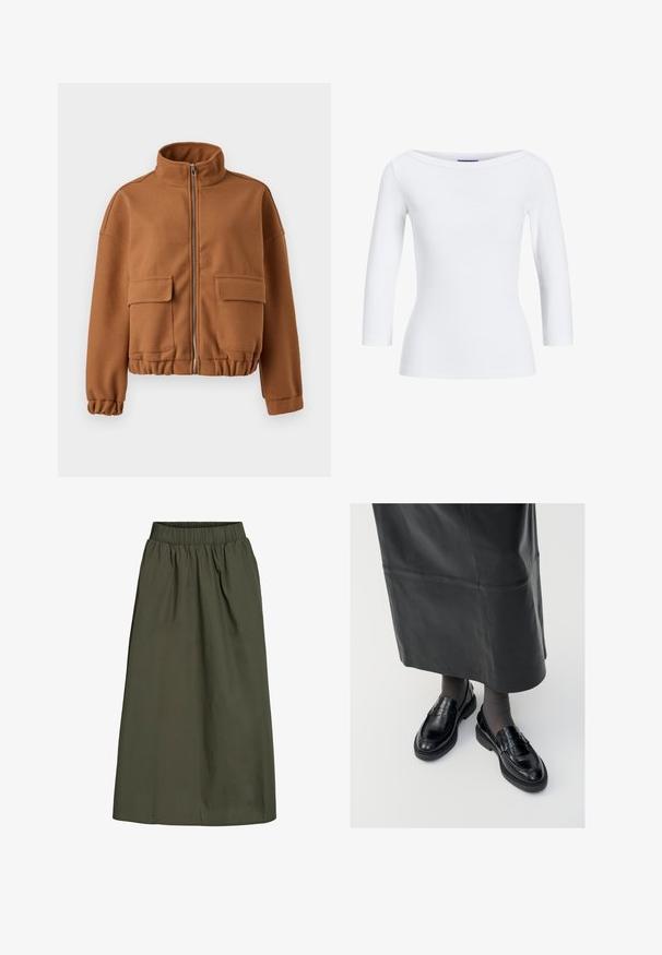 Brun fleecejakke med høj krave, lynlås lukning, to forreste klaplommer og elastiske manchetter og undermask. Glat tekstur, cropped design.; Hvid, ribbet langærmet top med bådudskæring. Stoffet er glat, tætsiddende og har en ren afslutning ved manchetterne og kanten.; Olivengrøn, ankel-længde nederdel med samlet elastisk talje og en glat, let krøllet stoftekstur.; Sorte læder loafers med en glat finish, prydet med en dekorativ rem, rund tå og tekstureret sål. Båret med en lang sort læderskirt.