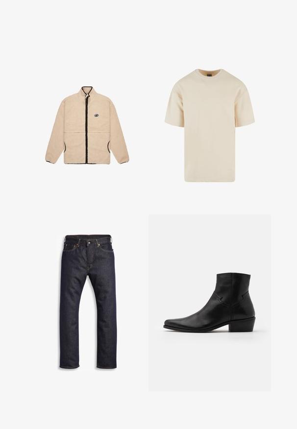 Beige Fleecejacke mit hohem Kragen, Frontreißverschluss und kontrastierenden schwarzen Reißverschluss- und Taschenakzenten. Mit einem Logo-Patch auf der Brust.; Beige Baumwoll-T-Shirt mit Rundhalsausschnitt, kurzen Ärmeln und geradem Schnitt. Glatte Textur und keine sichtbaren Muster oder Akzente.; Dunkelblaue Jeans aus Denim mit geradem Schnitt, Fünf-Taschen-Design, metallischen Komponenten und kontrastierenden orangen Nähten. Glatte Textur, keine sichtbaren Muster.; Schwarze Leder-Ankle-Boots mit spitzer Zehenpartie, minimalen Nähdetails, einem mittelhohen Blockabsatz und einer glatten, polierten Oberfläche.