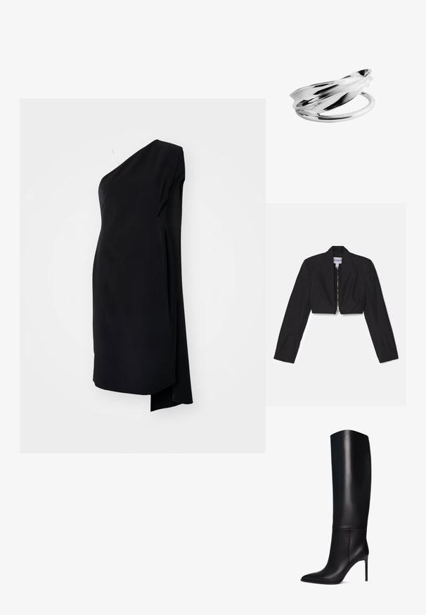 Sort cropped blazer med lange ærmer, skarpe lapeller og en frontlynlås. Har strukturerede sømme for en skræddersyet pasform.; Sort asymmetrisk kjole med én skulder, lavet af glat stof, med en draperet design og en sideslids for ekstra detaljer.; Knæhøj sort læder stiletto støvle med spids tå. Glat tekstur, struktureret design og en slank høj hæl. Ingen synlig hardware eller mønstre.; Poleret sølvring med en bred, snoet bånddesign, der skaber en glat, reflekterende overflade.