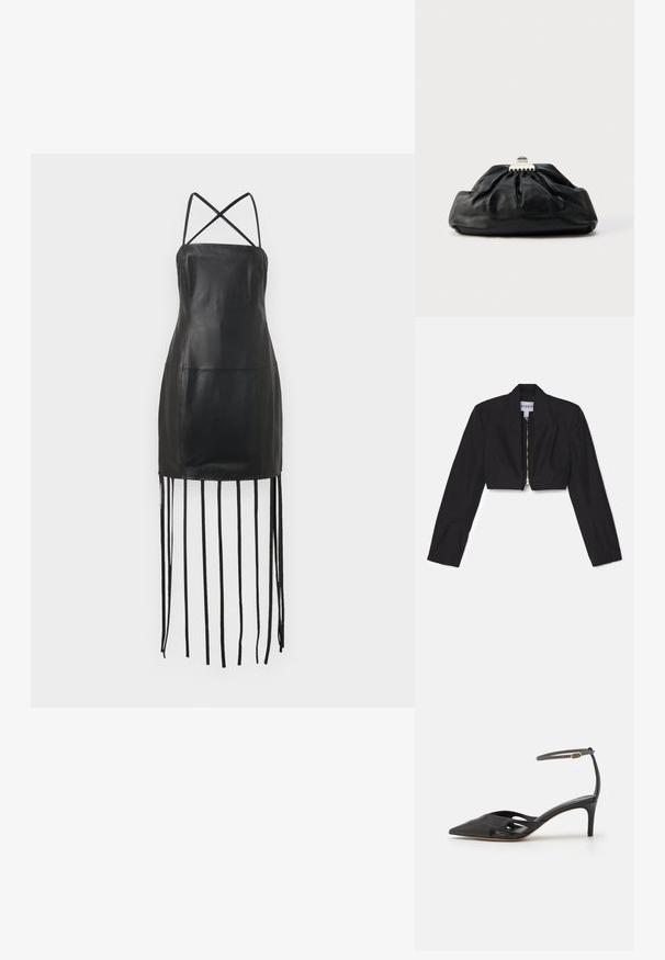 Sort cropped blazer med lange ærmer, skarpe lapeller og en frontlynlås. Har strukturerede sømme for en skræddersyet pasform.; Sort læderkjole med tynde krydsryg-stropper, tætsiddende bodice og frynse-detaljer hængende fra kanten. Glat tekstur og minimalistisk design.; Sort læder højhælet sko med spids tå, åbne sider og en tynd ankelrem med en lille guld detalje.; Sort læderclutch med en samlet tekstur, metal lukning og diskret præget logo på forsiden. Rundet form.