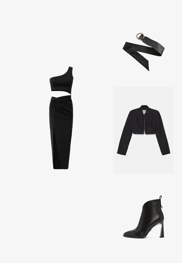 Sort cropped blazer med lange ærmer, skarpe lapeller og en frontlynlås. Har strukturerede sømme for en skræddersyet pasform.; Sort todelt tøj sæt bestående af en en-skulder crop top og en højtaljet nederdel med tvistet detalje og sideslids. Glat stof.; Sort læder ankelstøvle med spids tå, buet overdel og metallisk hæl. Har en træksløjfe bagpå.; Sort læderbælte med en stor afrundet rektangulær bronzespænde og spidse ender, lagt fladt ud på en hvid baggrund.