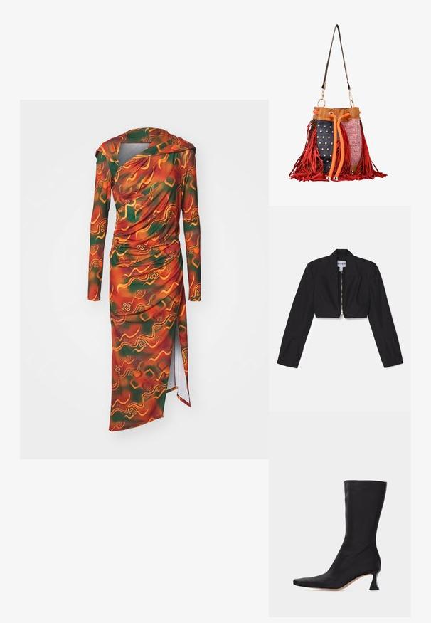 Sort cropped blazer med lange ærmer, skarpe lapeller og en frontlynlås. Har strukturerede sømme for en skræddersyet pasform.; Langærmet kjole i et vibrerende orange, grønt og gult abstrakt mønster. Stoffet er glat med draperede detaljer og en sideslids.; Sort læderstøvle, der går til midt på læggen, med spids tå og buet lav hæl, mod en ensartet lys baggrund.; Boho-stil spandtaske med orange snøre, rød frynse, sort panel med nitter, lyserød tweedsektion og brun læderkant med skulderrem.
