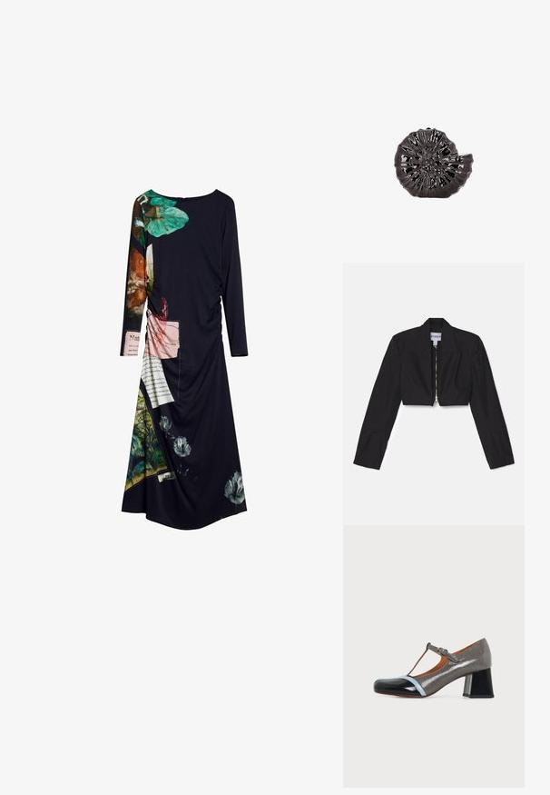 Sort cropped blazer med lange ærmer, skarpe lapeller og en frontlynlås. Har strukturerede sømme for en skræddersyet pasform.; Langærmet sort kjole med levende blomster- og teksttryk, tekstureret stof og samling på den ene side, hvilket skaber et dynamisk udtryk.; Damesko i gråt laklæder med T-rem, sort tåhætte, lyseblå accenter og blokhæl på ensfarvet baggrund.; Blank sort keramisk skål formet som en spiralformet havskalsstruktur med teksturerede ribber og en bølget kant mod en hvid baggrund.