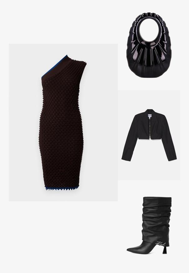 Sort cropped blazer med lange ærmer, skarpe lapeller og en frontlynlås. Har strukturerede sømme for en skræddersyet pasform.; Brun strikket kjole med tekstureret overflade og design med én skulder. Har en blå ribbet halsudskæring og bølget detaljering i kanten.; Sort slasket læderstøvle med høje hæle, spids tå og sølvfarvet "Karl" logo nær hælen på hvid baggrund.; Blank sort håndtaske med unikt plisseret design og stort ovalt udskåret håndtag centreret på en hvid baggrund.