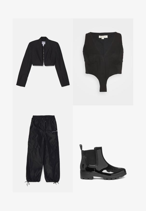 Sort cropped blazer med lange ærmer, skarpe lapeller og en frontlynlås. Har strukturerede sømme for en skræddersyet pasform.; MIISTA THELMA CORSET - Top - black; Sorte cargobukser lavet af blank nylon med elastisk talje, justerbar snor, sidelommer og elastiske manchetter.; Sorte glansfulde ankelstøvler med elastiske sidepaneler, rund tå og en struktureret gummisål. Designet har en trækflap bagpå.