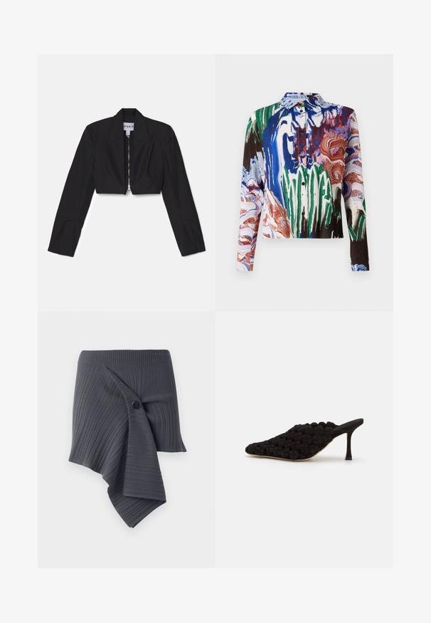 Μαύρο cropped σακάκι με μακριά μανίκια, αιχμηρές παλτά και μπροστινό φερμουάρ. Διαθέτει δομημένες ραφές για κομψή εφαρμογή.; Henrik Vibskov SLOPE - Πουκαμίσα με κουμπιά - multi coloured; Σκούρο γκρι ριχτό φούστα με στριφτό σχέδιο και με στρογγυλή μαύρη κουμπί διακόσμηση. Κατασκευασμένη από υλικό με υφή, ελαστικό.; A.W.A.K.E. MODE REGINA WEAVED MULE - Μιουλ με τακούνι - black