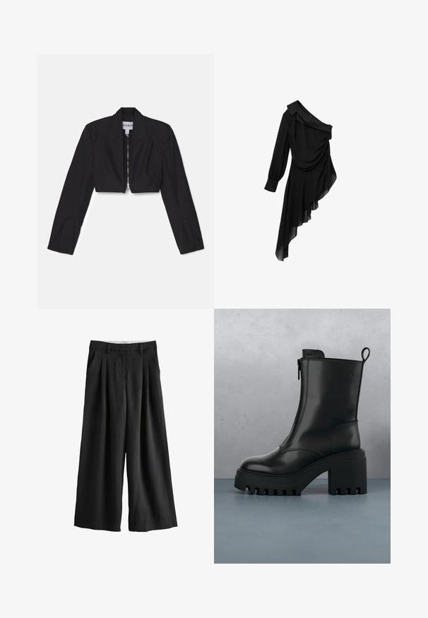Sort cropped blazer med lange ærmer, skarpe lapeller og en frontlynlås. Har strukturerede sømme for en skræddersyet pasform.; Sort kjole lavet af let stof, med design med én skulder, draperet front, langærmet og asymmetrisk kant.; Sorte bukser med vide ben, bæltestropper, frontplisseringer og sidelommer, vist på en hvid baggrund.; Sorte læder ankelstøvler med kraftig sål, blokhæl, lynlås i siden og trækflap bagpå på en ensfarvet hvid baggrund.