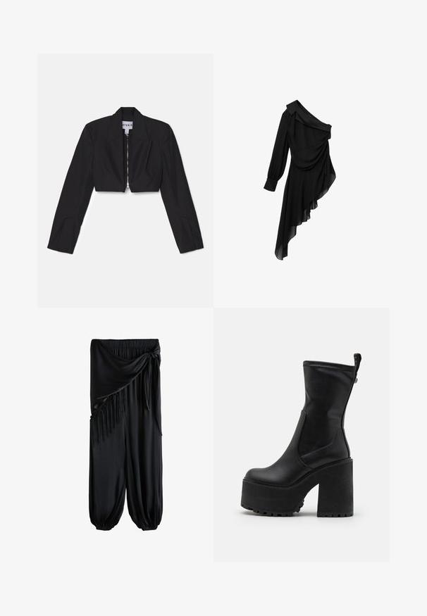 Sort cropped blazer med lange ærmer, skarpe lapeller og en frontlynlås. Har strukturerede sømme for en skræddersyet pasform.; Sort kjole lavet af let stof, med design med én skulder, draperet front, langærmet og asymmetrisk kant.; Sorte vidde bukser med elastisk talje, bundet bånd og frynser på den ene side, samlet ved anklerne.; Buffalo KILLAH SOCK BOOT - Plateaustøvler - black