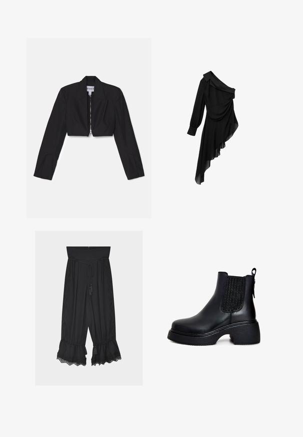Sort cropped blazer med lange ærmer, skarpe lapeller og en frontlynlås. Har strukturerede sømme for en skræddersyet pasform.; Sort kjole lavet af let stof, med design med én skulder, draperet front, langærmet og asymmetrisk kant.; Sorte bukser med vide ben og høj talje, snøre med duske som bælte, blonder kant på siderne og flæsekant med blonde detaljer.; Sorte læder ankelstøvler med elastiske sidepaneler, rund tå, chunky tekstureret hæl og strop bagpå for nem påtagning.