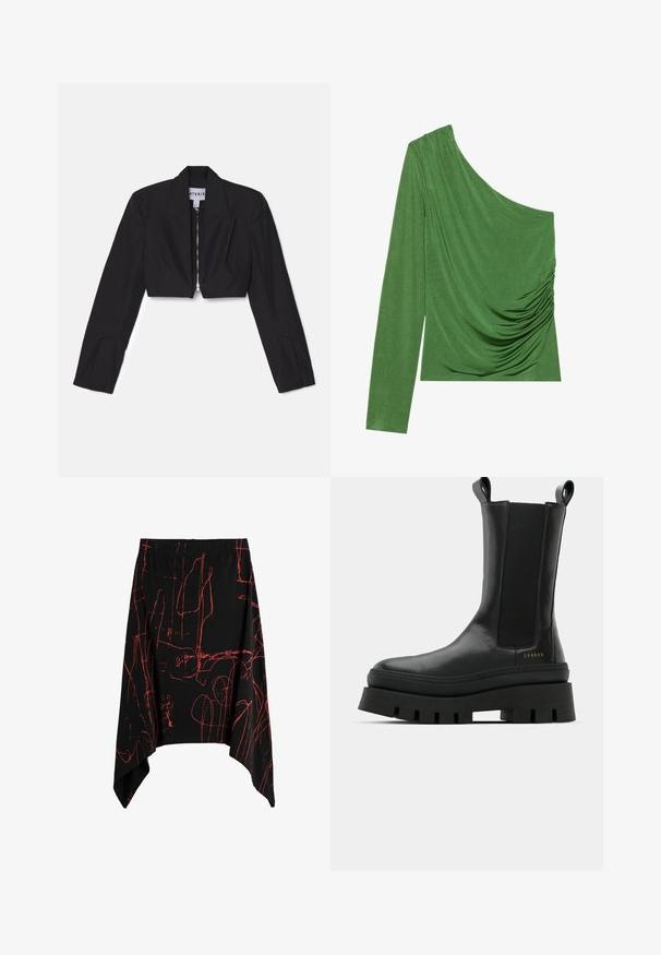Sort cropped blazer med lange ærmer, skarpe lapeller og en frontlynlås. Har strukturerede sømme for en skræddersyet pasform.; En skuldergrøn top lavet af glat stof, med draperede detaljer og en tætsiddende silhuet. Lang ærme på den ene side.; Sort asymmetrisk nederdel med røde abstrakte linjemønstre og elastisk linning.; Sorte ankelstøvler med en glat læderfinish, elastiske sidepaneler og en chunky, struktureret platformssål, der har et logo-detail.